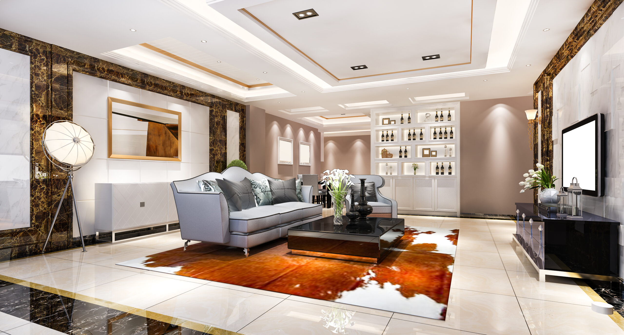 Here is an 3d rendering image of modern living room fully furnished